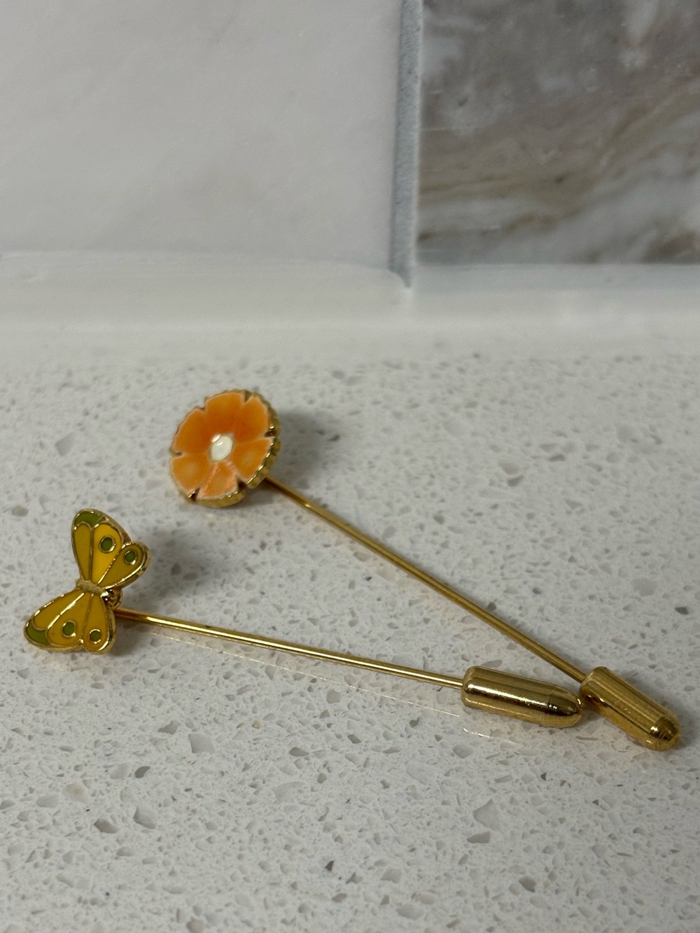 Vintage Enamel Butterfly & Orange Flower Gold Tone Stick Pin Lot (2 Pieces)